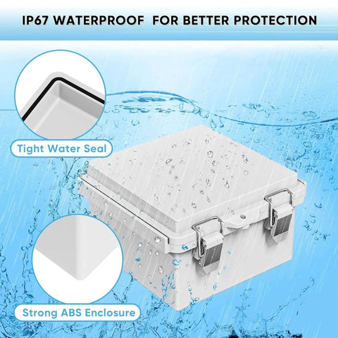 Waterproof Junction Box Outdoor Electrical Enclosure IP67 Hinged Cover Project Box with Mounting Plate, Grey ABS Plastic, 5.9 x 5.9 x 3.5 inches, showing water resistance and tight water seal features.