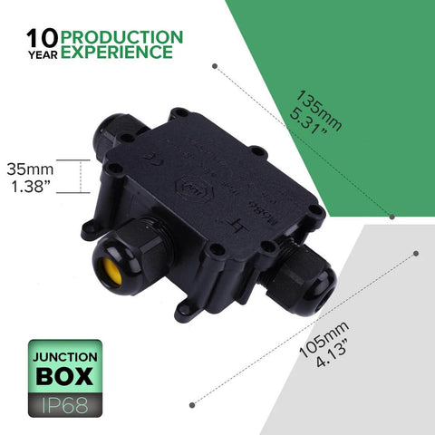 Front view of IP68 Waterproof 3 Way Junction Box with External Cable Gland and 2 Three Pole Terminals, ABS PVC construction
