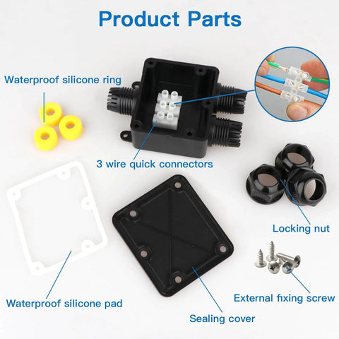 Product parts of IP68 Waterproof 3 Way Junction Box For Outdoor Use Built Tough And Weatherproof Black Underground Cable Connector Dustproof And UV Resistant Ideal For 5mm To 15mm Wire Glands 1 Pack Small Outdoor Ready And Hassle Free shown disassembled with connectors, silicone rings, locking nuts, and screws.