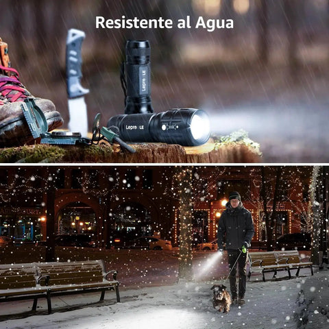 Compact Waterproof LED Flashlight 2 Pack With Zoomable Focus for outdoor use in rain and nighttime walking.