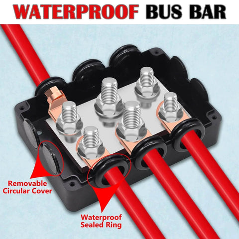 500A Marine Battery Bus Bar Heavy Duty Power Distribution Block Waterproof Automotive with M8 and M10 Studs, shown with red wiring.