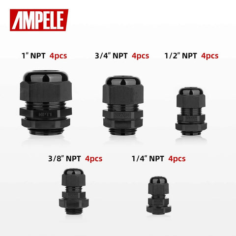 Front view of Waterproof NPT Cable Gland Kit 20 Pack With Gaskets, showing all 5 sizes from 1 inch to 1/4 inch with 4 pieces each.