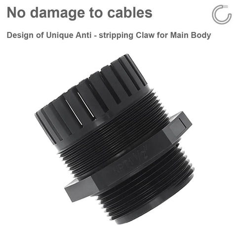 Front view of a waterproof one and a half inch NPT cable gland with adjustable nylon PA66C body and EPDM gasket for indoor outdoor use.