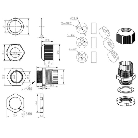 Technical drawing of waterproof multi hole nylon cable glands for electrical enclosures with four holes 3 pack 1 inch black IP67 sealed