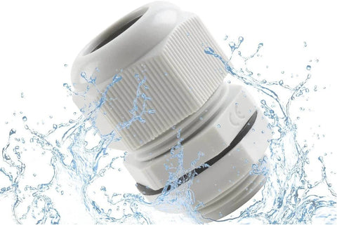 15 Pack IP68 Waterproof Cable Gland Kit Three Quarter Inch NPT Nylon Cable Glands With Adjustable Lock Nut Strain Relief Cord Connectors For Waterproof Junction Boxes Outdoor Equipment White shown with water splashes.