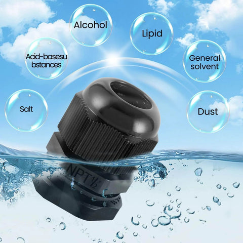 Waterproof Cable Gland One Half Inch NPT Adjustable Six To Twelve Millimeter Through Cord Grip Nylon Cable Gland Joints IP68 Rated Wire Protector built for rugged outdoor use on the job set of 20 in water showcasing protection against dust, salt, alcohol, lipid, and solvents.
