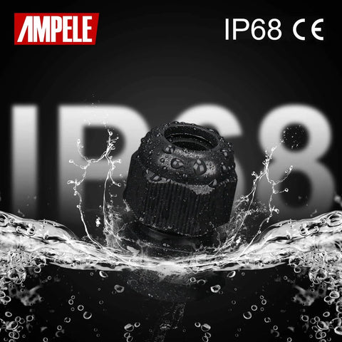 Waterproof Nylon Cable Gland Set, 50 Pack With Gaskets, Adjustable 3-16mm, Includes PG7 PG9 PG11 PG13.5 PG16 PG19, PA66 Construction, UV Resistant, Weatherproof, Ideal For Outdoor Electronics And DIY Projects, All In One Gland Kit shown with water splash, IP68 rating.