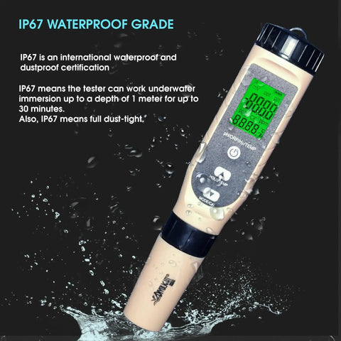 4 In 1 Digital pH ORP H2 Temperature Meter With ATC 0.01 Resolution showing IP67 waterproof feature in water droplets