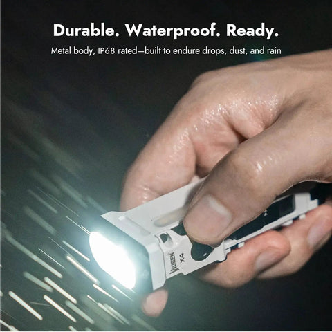 Close-up of a hand holding a rechargeable EDC flashlight delivering up to 1500 lumens with a warm RGB side light, USB C recharge.