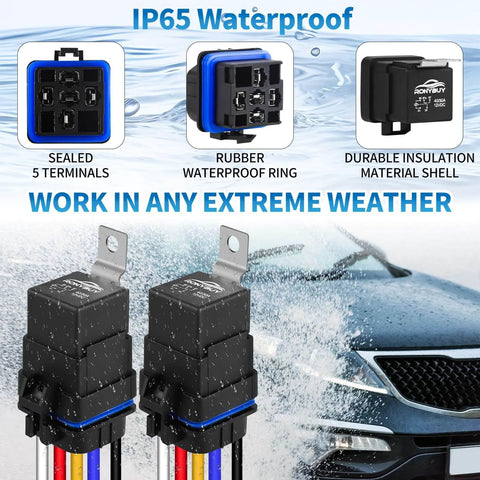 5 Pin Waterproof Relay Kit 40 30 Amp 12V SPDT Relay With Harness, showing sealed terminals and waterproof ring in use