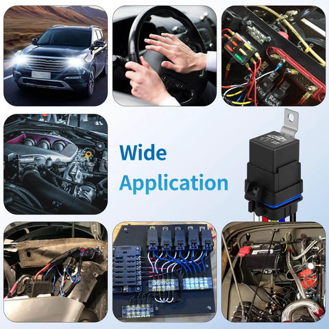 Collage showing 5 Pin Waterproof Relay Kit 40 30 Amp 12V SPDT Relay With Harness in automotive and marine applications.