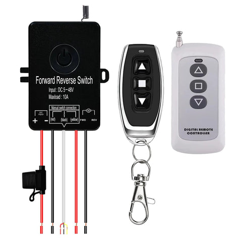 Waterproof forward/reverse switch with wired control box and two remotes (black belt-style and white handheld), DC 5–48V