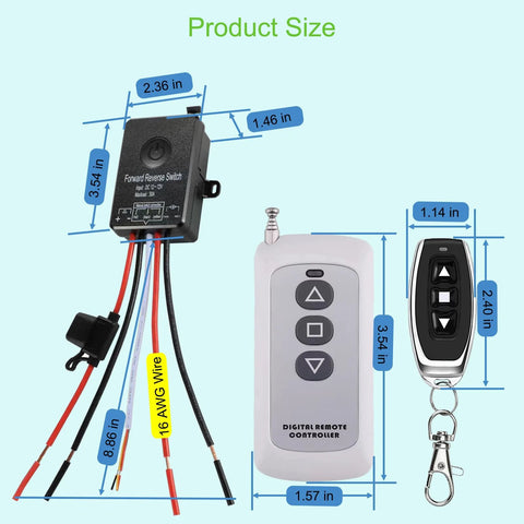 Waterproof Remote Forward Reverse Switch For DC Actuators 12V To 72V 30A Heavy Duty Wireless Controller For All Linear Actuators, Compatible With Truck ATV SUV Winch Systems, Control Range Up To 168 Feet with dimensions.