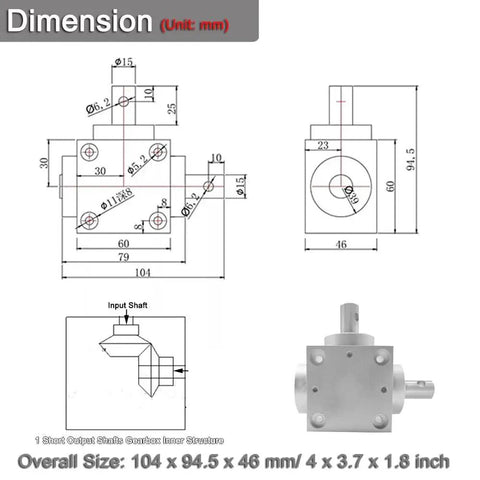 Technical drawing and dimensions of Waterproof 1 To 1 Right Angle Gearbox 1.5 Module 20 Teeth 90 Degree Drive for outdoor projects