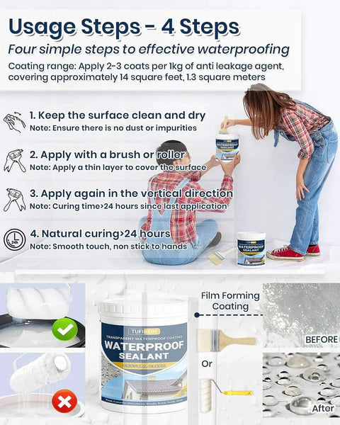 70Oz Clear Waterproof Sealant instructions with woman applying sealant on wall, product image and usage steps for indoor and outdoor surfaces.