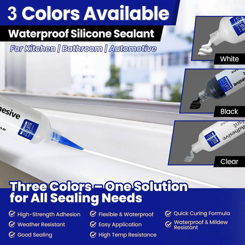 Three tubes of waterproof silicone sealant in white, black, and clear colors for kitchen, bathroom, and automotive use.