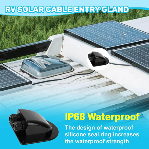 Waterproof ABS Dual Cable Entry Gland Box for Solar Panels on RV roof, black double cable protection, IP68 moisture resistant.