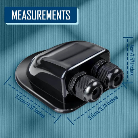 Waterproof Solar Cable Entry Gland With Dual Glands And ABS Plastic Junction Box Cover Curved Housing For 2 To 6 Mm2 Cables shown with measurements.