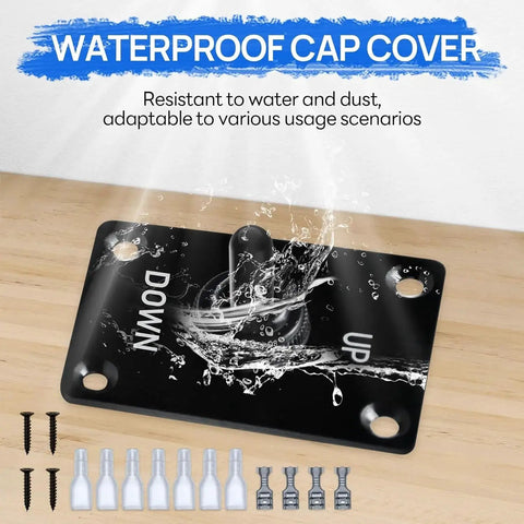 Waterproof cap cover for linear actuator showing 'Up' and 'Down' design, highlighting water resistance features on wooden surface with screws.
