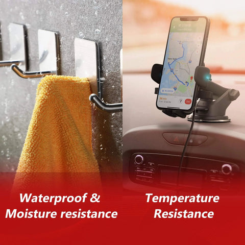 Image showing 3M 5925 Black Double Sided Foam Tape used to secure hooks in a moist bathroom and a phone holder in a car.