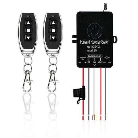 Gmefu waterproof wireless remote switch kit: two black remotes and a wired control module for DC actuators.