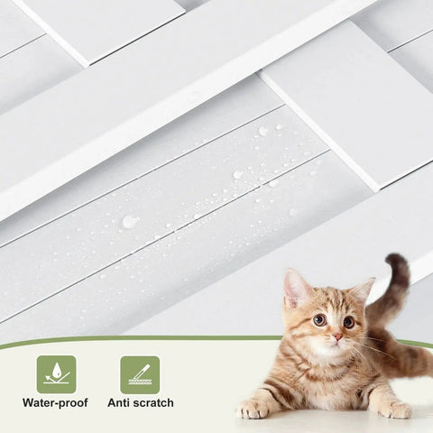 Close-up of Double 24 Inch Bi Fold Barn Door Set with white PVC surface showing waterproof and anti-scratch properties, with a cat in the foreground.