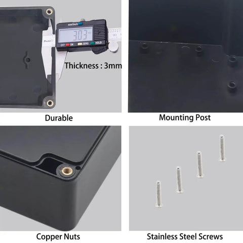 Interior view of Watertight Junction Box IP67 Electrical Enclosure Built Like A Tank showing thickness, mounting post, copper nuts, and screws.