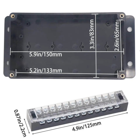 Interior view of Watertight Junction Box IP67 Electrical Enclosure Built Like A Tank with dimensions, showing 12-position terminal block.