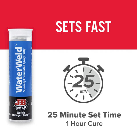 WaterWeld Epoxy Putty Stick 1 Hour Cure Underwater Repair Solution 2 Pack Off White 8277-2 packaging with set time