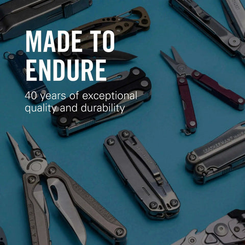A variety of multi-tools on a blue background with the text 'Made to Endure, 40 years of exceptional quality and durability.'