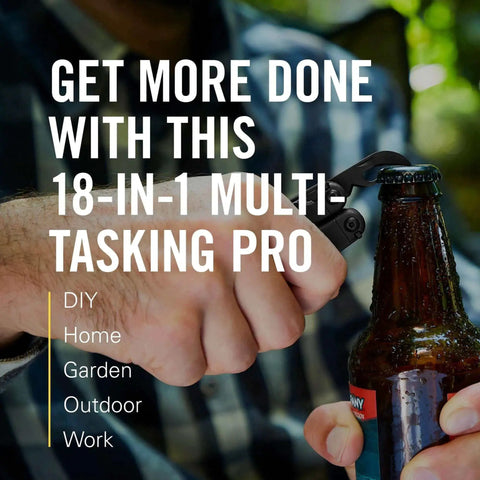 Using Wave Plus 18 In 1 Full Size Versatile Multi Tool to open a bottle, highlighting its DIY and outdoor utility.