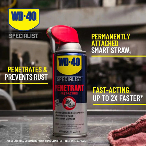 Pro Grade Penetrant With Smart Straw Two Way Spray For Quick Rust And Corrosion Relief Low Odor Fast Acting Lubricant 11 Oz Each 6 Pack WD 40 Specialist can with attached straw on workshop table.