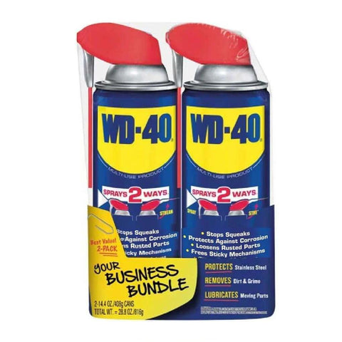 Two-pack of WD-40 cans with straw application for versatile use, labeled for corrosion protection and lubrication.