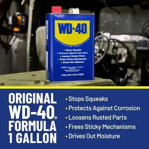 Heavy Duty Multipurpose Lubricant Spray For Tools And Equipment That Cleans Grease Grime And Dirt Penetrates Stuck Parts Displaces Moisture Prevents Rust And Corrosion Degreases Tar And Adhesives In A 1 Gallon Can From The Trusted WD-40 Brand