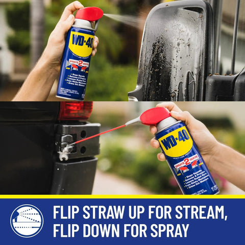 All Purpose Lubricant That Drives Out Moisture And Frees Stuck Parts Your Go To Rust Fighter Prevents Rust And Works On Electrical Systems With A Two Way Smart Straw WD-40 Original Formula Multi Use Spray 12 Oz Pack Of 6 shown in use with a smart straw on a vehicle part.