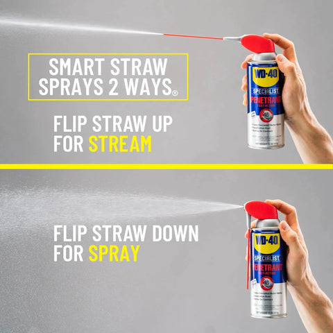 Pro Grade Penetrant With Smart Straw Two Way Spray For Quick Rust And Corrosion Relief Low Odor Fast Acting Lubricant 11 Oz Each 6 Pack WD 40 Specialist For Tools Machines And Hoses shown demonstrating stream and spray modes