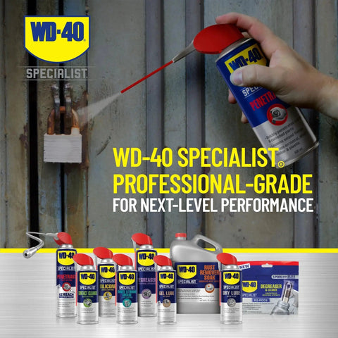 Pro Grade Penetrant With Smart Straw Two Way Spray For Quick Rust And Corrosion Relief Low Odor Fast Acting Lubricant 11 Oz Each 6 Pack WD 40 Specialist For Tools Machines And Hoses being sprayed on rusted bolts.