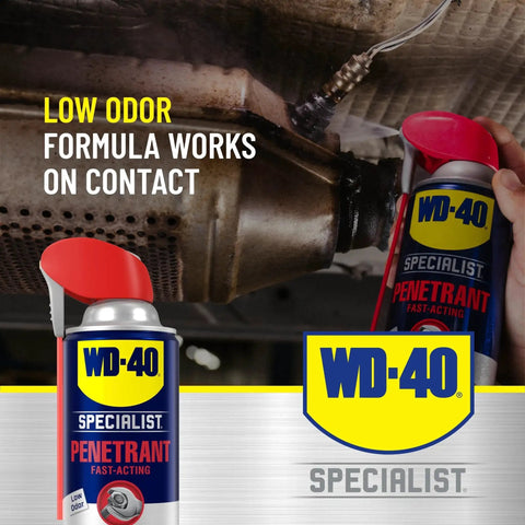 Pro Grade Penetrant With Smart Straw Two Way Spray For Quick Rust And Corrosion Relief Low Odor Fast Acting Lubricant 11 Oz Each 6 Pack WD 40 Specialist For Tools Machines And Hoses shown being applied to machinery.
