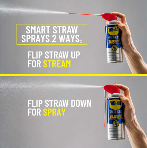 WD-40 Specialist Silicone Lubricant with SMART STRAW SPRAYS 2 WAYS, 11 OZ, showcasing stream and spray functionality