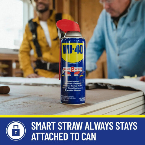 All Purpose Lubricant That Drives Out Moisture And Frees Stuck Parts Your Go To Rust Fighter Prevents Rust And Works On Electrical Systems With A Two Way Smart Straw WD-40 Original Formula Multi Use Spray 12 Oz Pack Of 6 displayed on a table with two men in background.