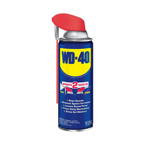 WD-40 Classic Formula can, 12 oz, with spray nozzle, all purpose lubricant that drives out moisture and fights rust, close-up view