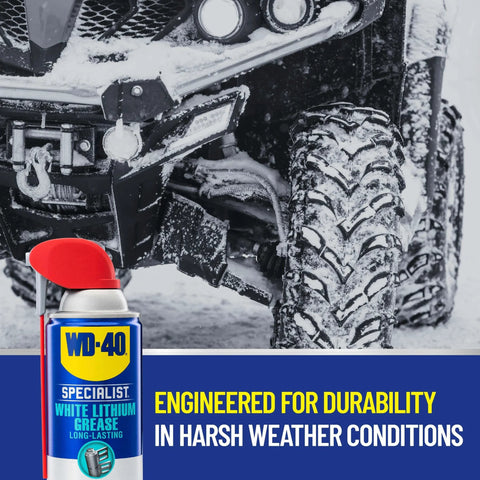 WD-40 Specialist White Lithium Grease Spray with SMART STRAW SPRAYS 2 WAYS, 10 OZ displayed next to snow-covered vehicle wheel