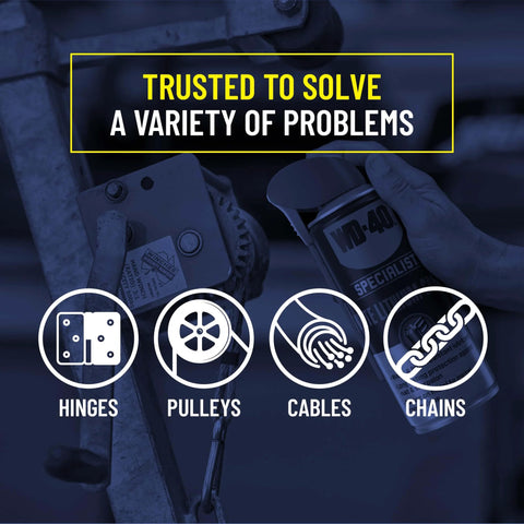 Person holding WD-40 Specialist White Lithium Grease Spray with SMART STRAW SPRAYS 2 WAYS, 10 OZ near hinges, pulleys, and cables.