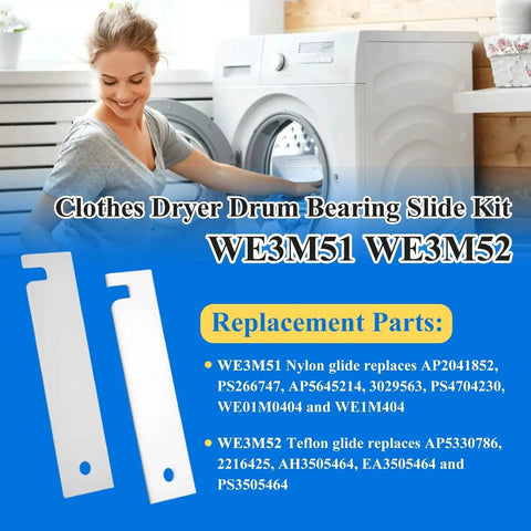Woman next to washing machine showcasing Replacement Drum Bearing Slide Kit For Clothes Dryers with Teflon and Nylon Glides WE3M51 WE3M52