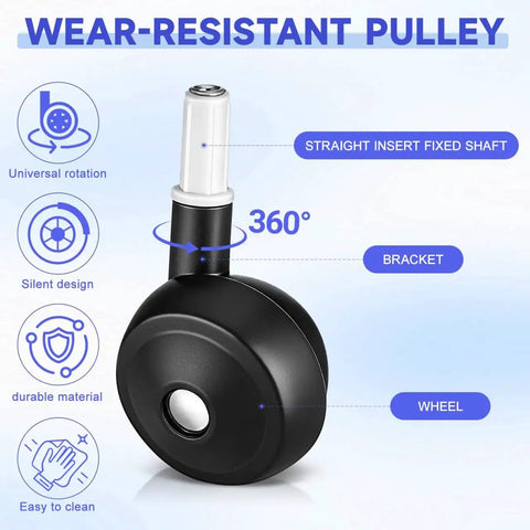 4 Pcs Baby Walker Replacement Wheels Set Quiet Wear Resistant Plastic Casters For Baby Walkers And Strollers Easy To Install Universal Compatibility With Most Models Ideal For Indoor And Outdoor Use Noise Free Operation And Durable Construction, showing wear-resistant pulley with universal rotation and silent design features.