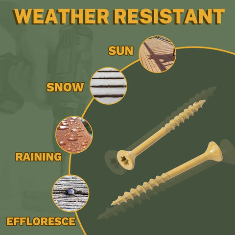 Deck Screws 2 Inch, Wood Screws #8 x 2 shown with weather elements, Tan, Rust Resistant, Exterior Epoxy Coated