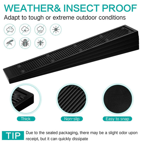 Stack of weatherproof composite shims on display, highlighting thickness, non-slip surface, and easy-to-snap feature in detailed view.