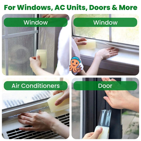 Applying Window Weather Sealing Tape on windows and AC units to block drafts and moisture, 2 inch by 90 ft, clear.