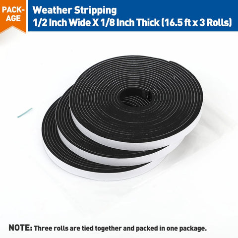 Weather stripping door seal foam tape, black adhesive, 1/2 in wide by 1/8 in thick, 3 rolls totaling 50 ft