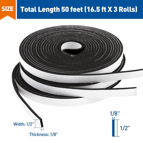 MAGZO adhesive weatherstripping foam tape, 1/2 in wide x 1/8 in thick, black, 50 ft total (3 rolls)